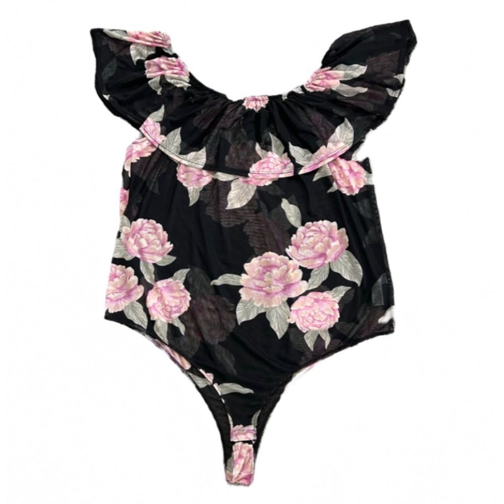 Sheer Floral Off Shoulder Bodysuit Black and Pink size 3X